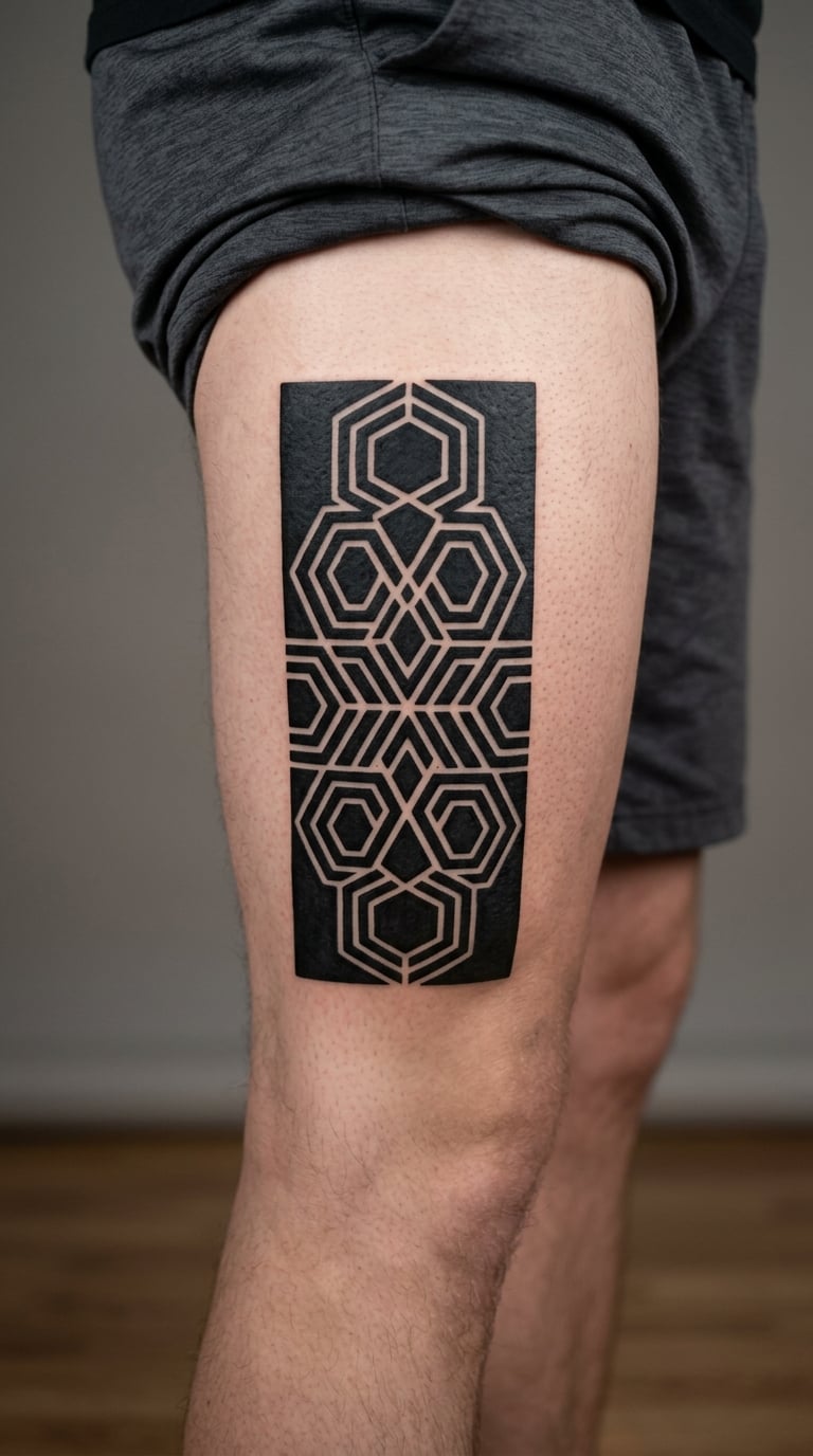 Full Blackwork Geometric Thigh Panel on the Outer Thigh