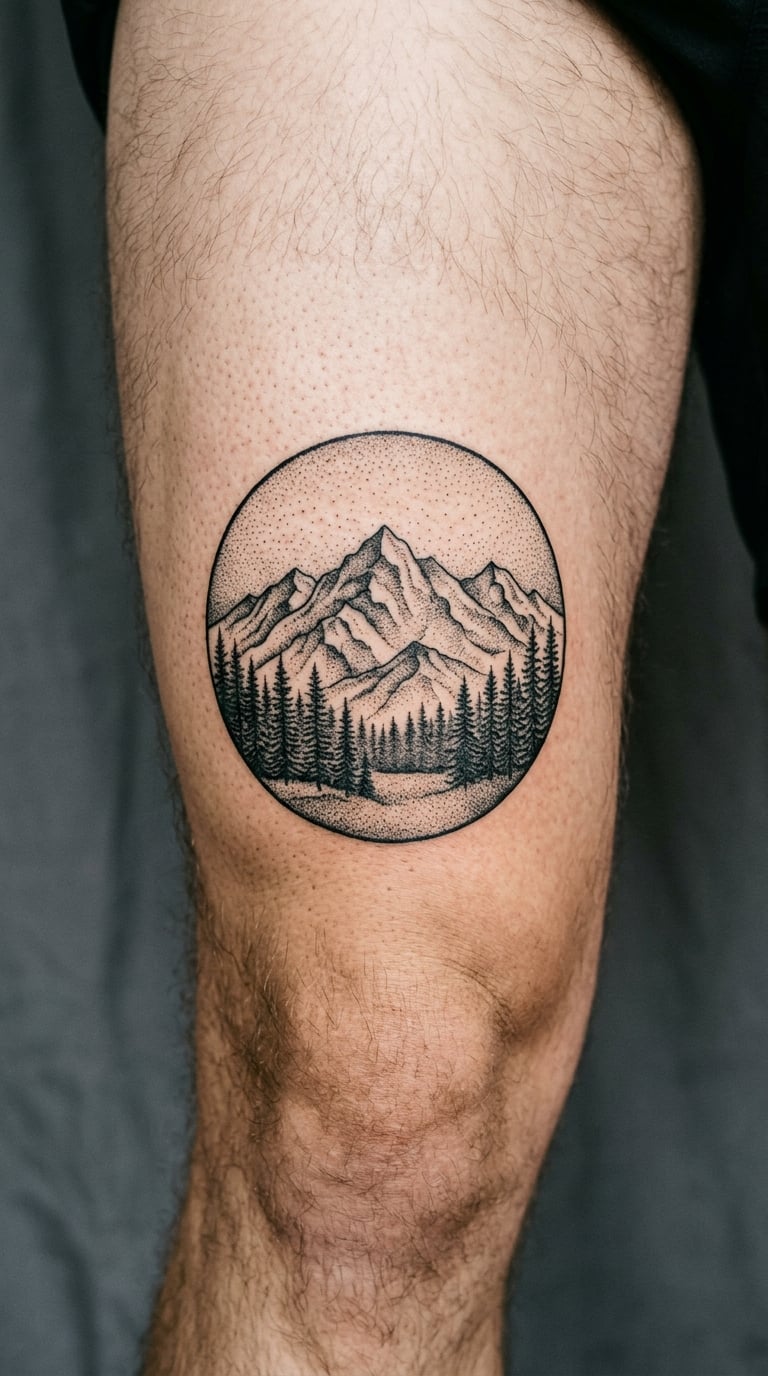 Dotwork Mountain Range and Pine Forest
