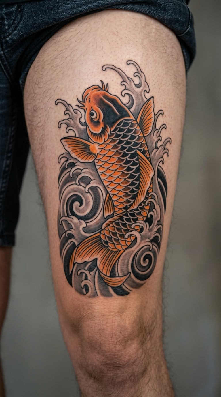 Japanese Koi and Water Sleeve on the Outer Thigh