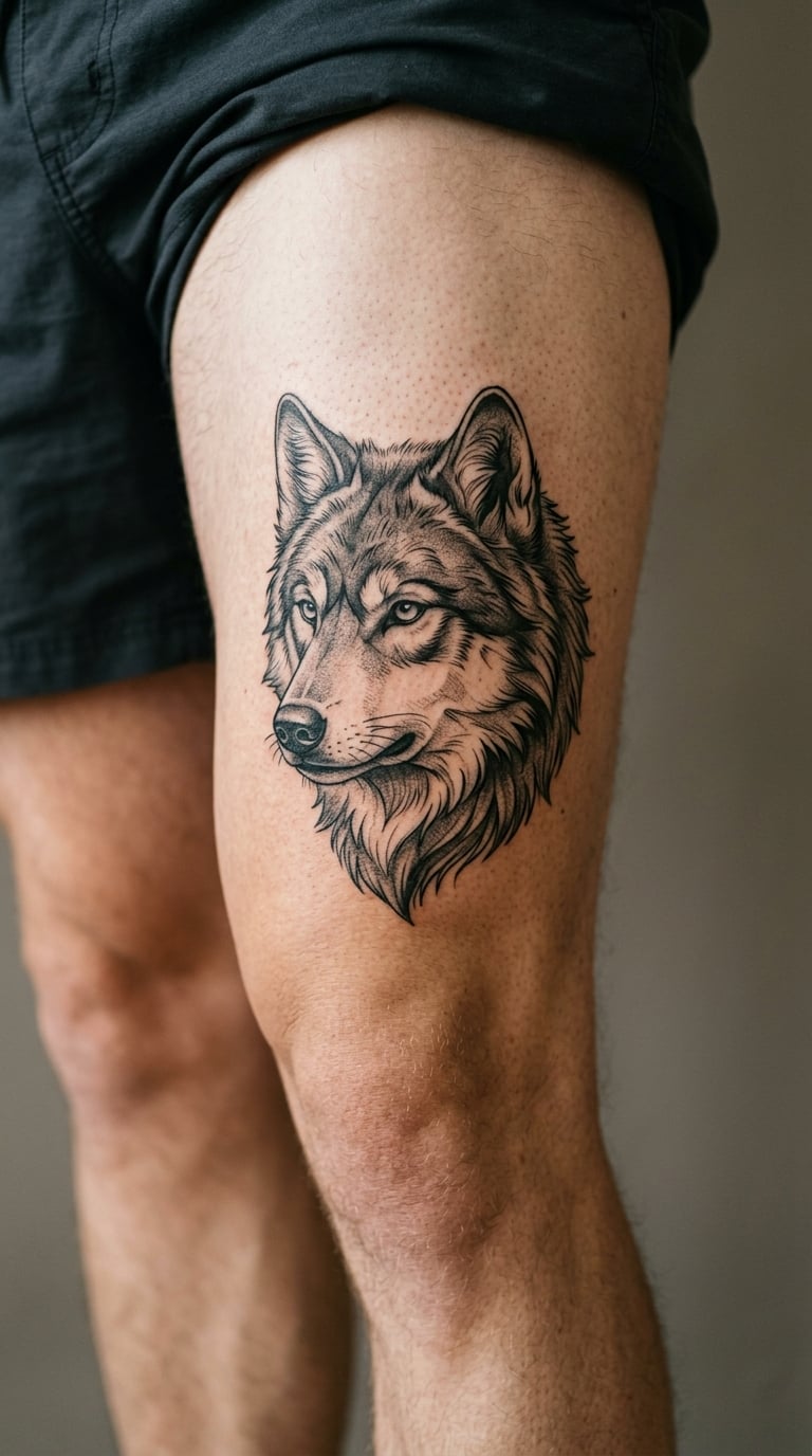 Black and Grey Realistic Wolf Head on the Front Thigh
