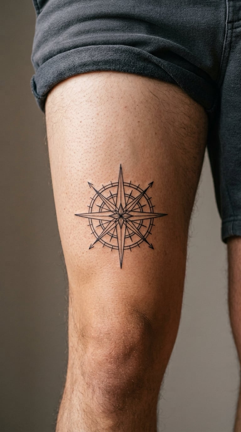 Fine-Line Compass Rose With Coordinates on the Front Thigh
