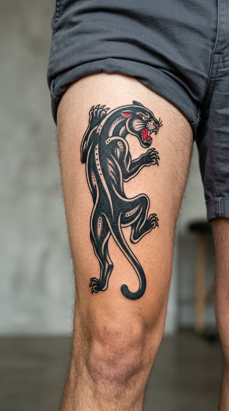 Traditional Panther Crawling Down the Front Thigh