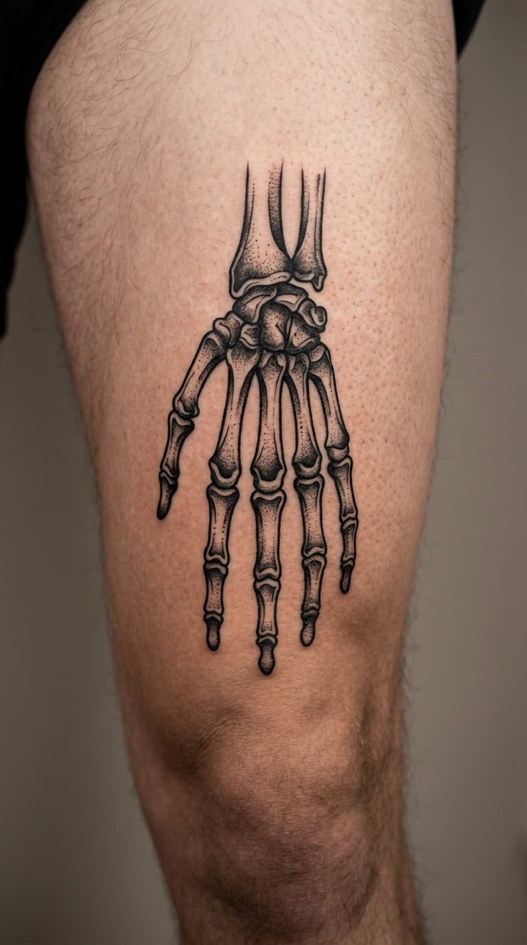 Skeleton Hand Gripping the Inner Thigh