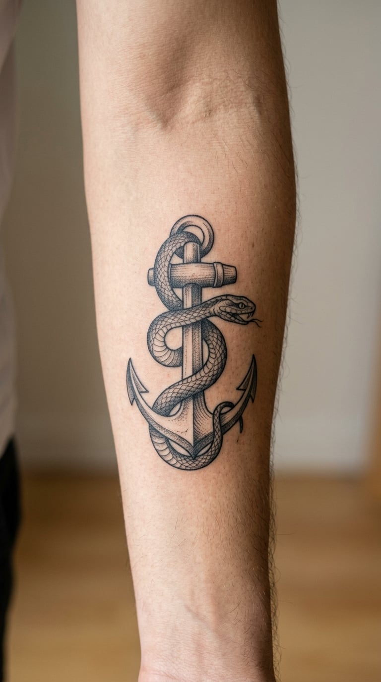 Serpent-Wrapped Anchor on the Outer Forearm