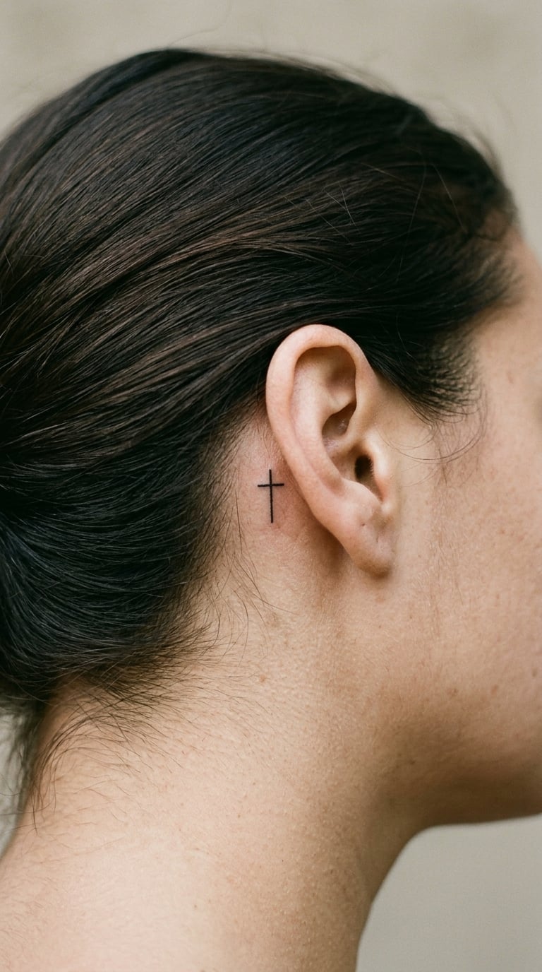 Micro Cross Behind the Ear on the Hairline