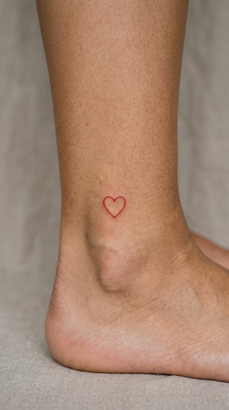 Red Fine-Line Heart on the Ankle Bone