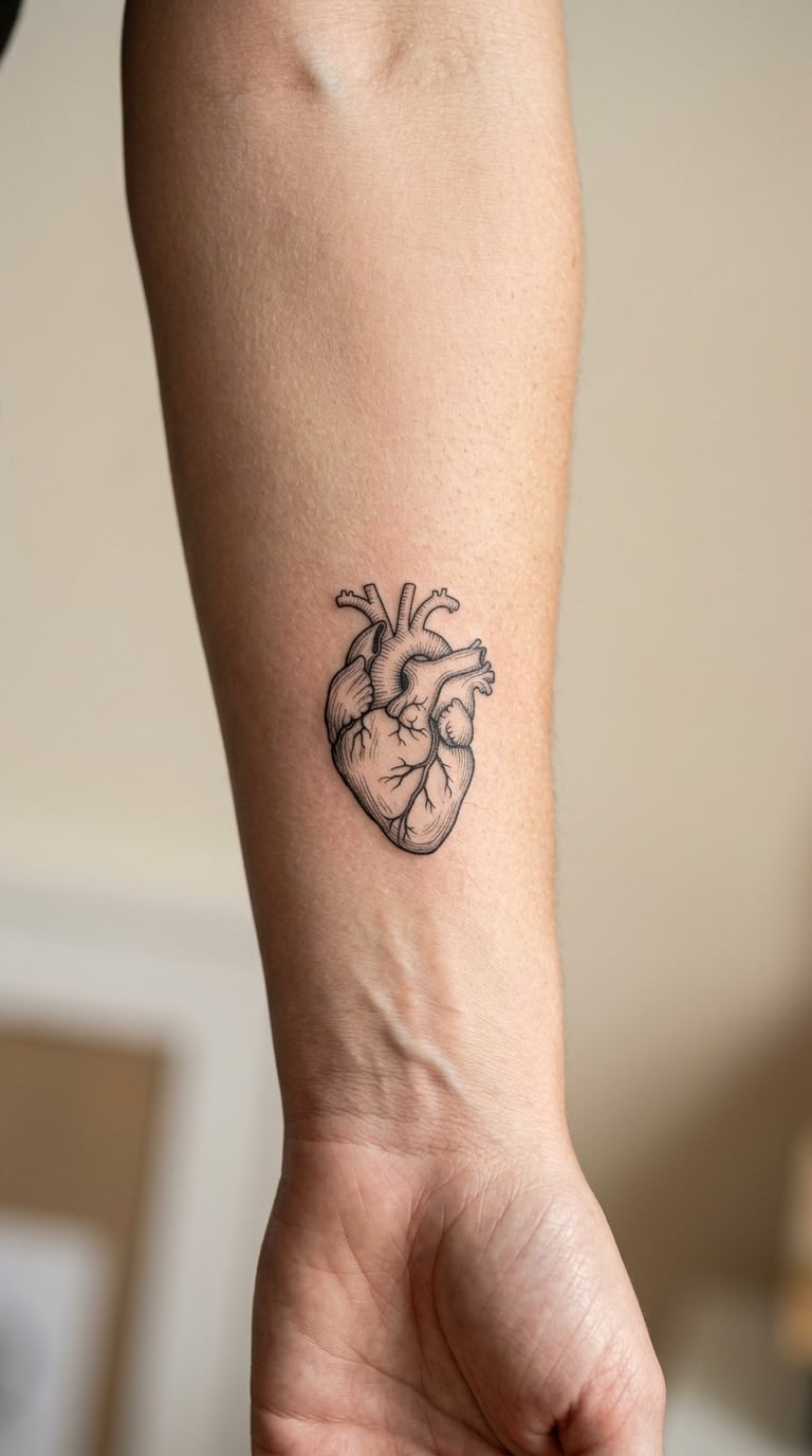 Fine-Line Anatomical Heart on the Inner Forearm