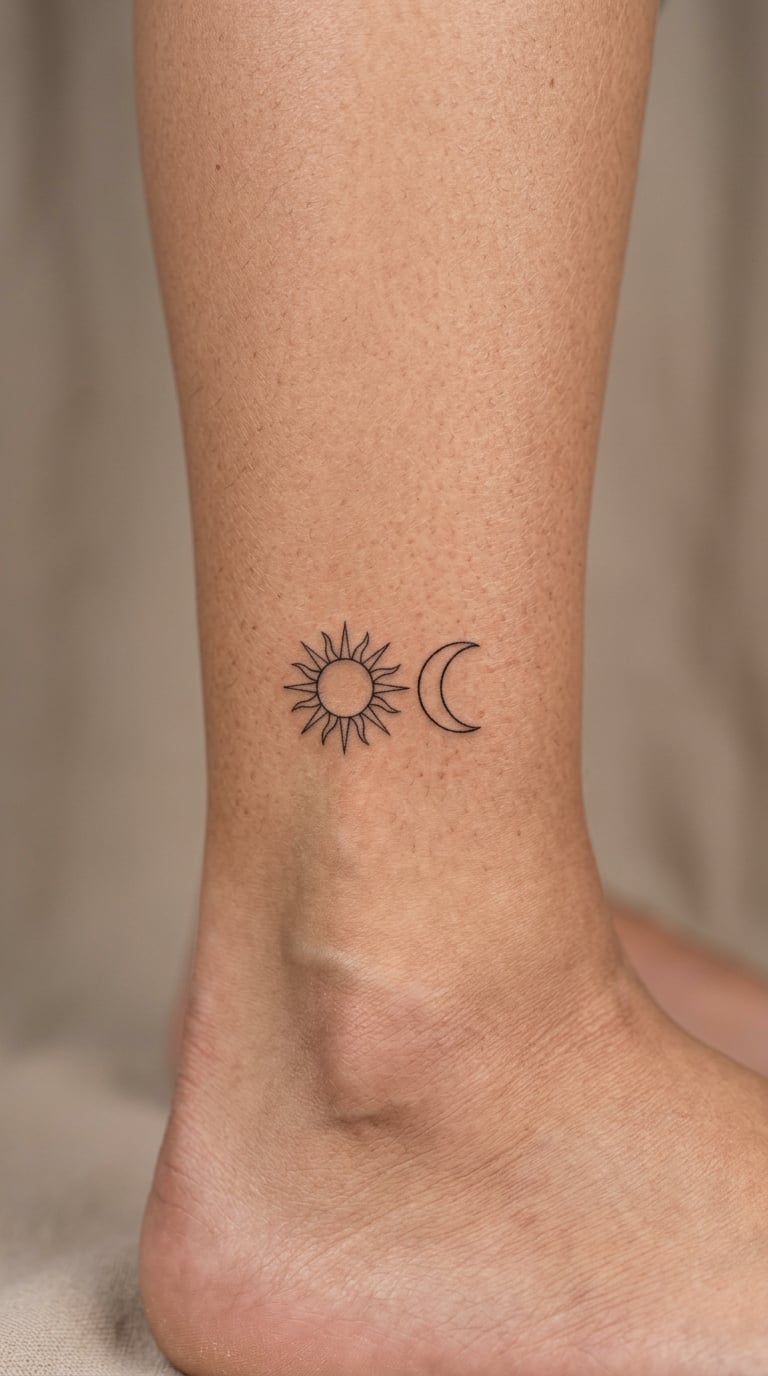 Sun and Moon in Fine Line on the Inner Ankle
