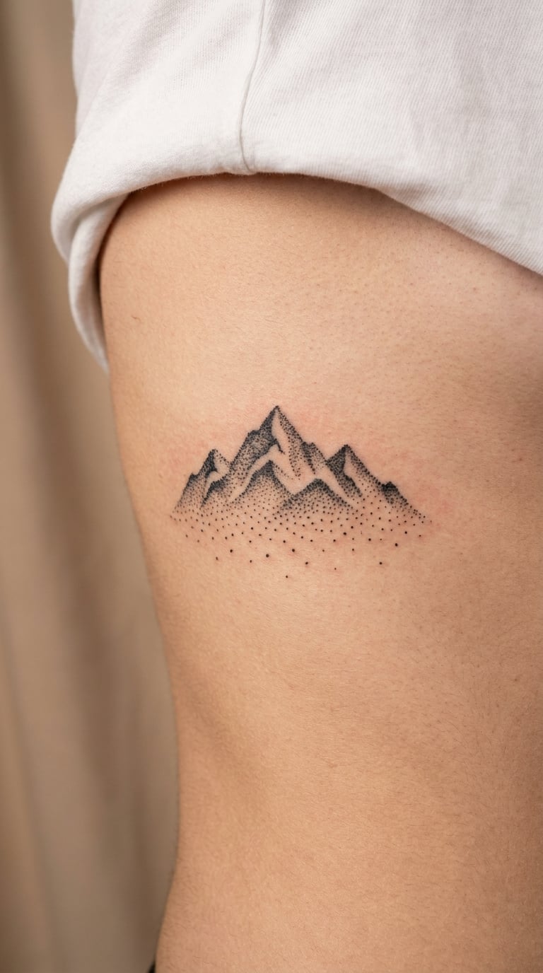 Dotwork Gradient Mountain on the Ribs