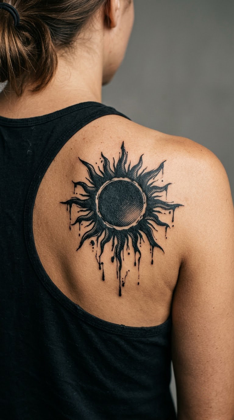 Black sun with dripping rays