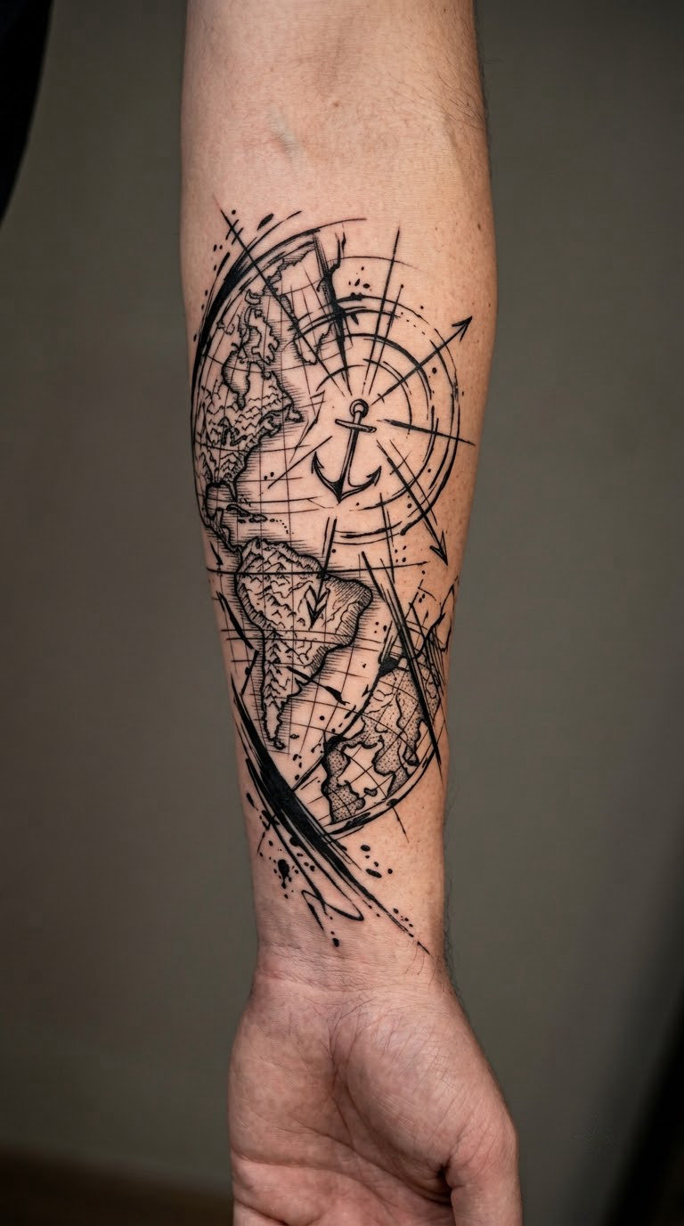 Torn map and compass lines