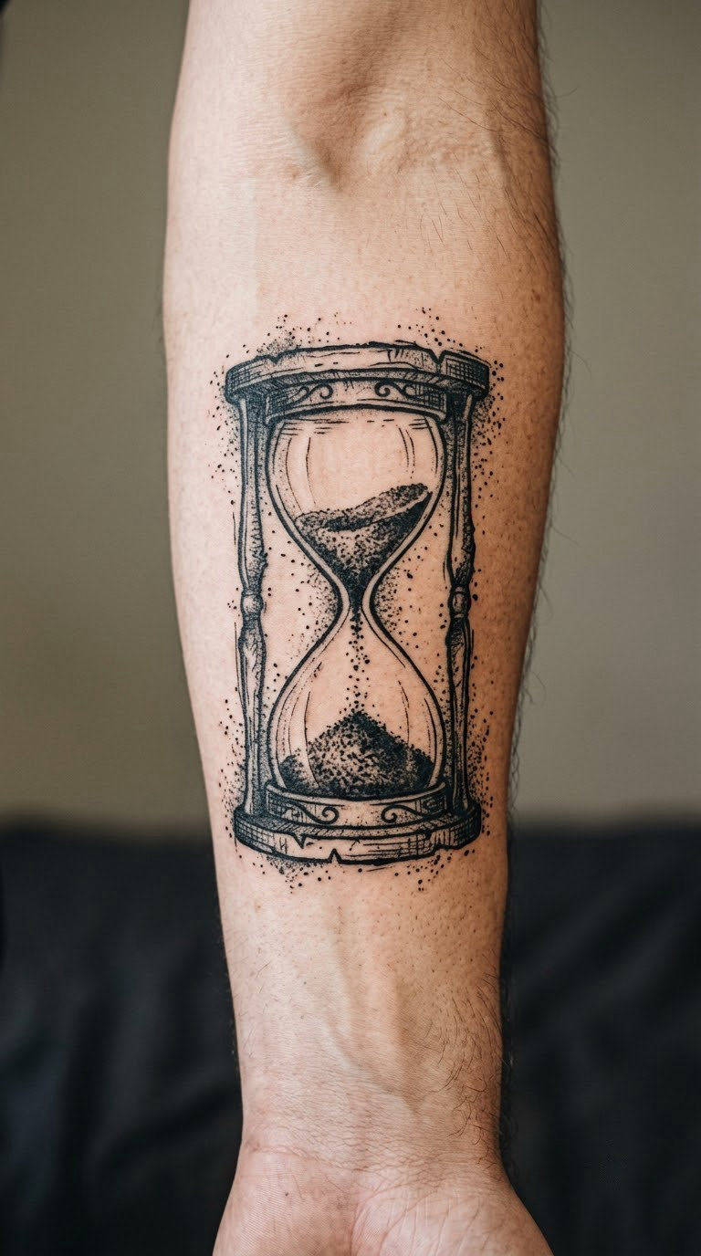 Hourglass with falling ink grains