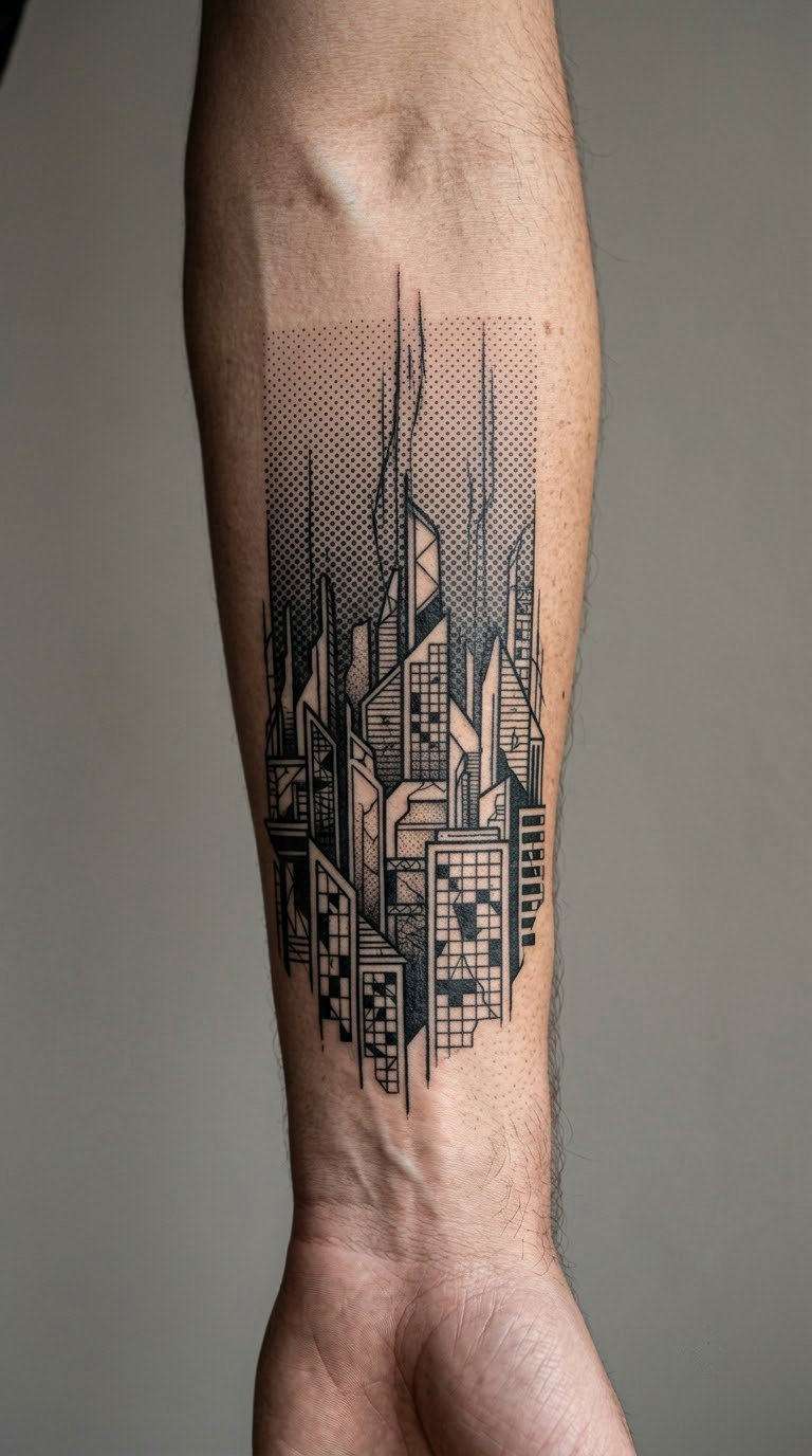 City skyline reduced to black blocks