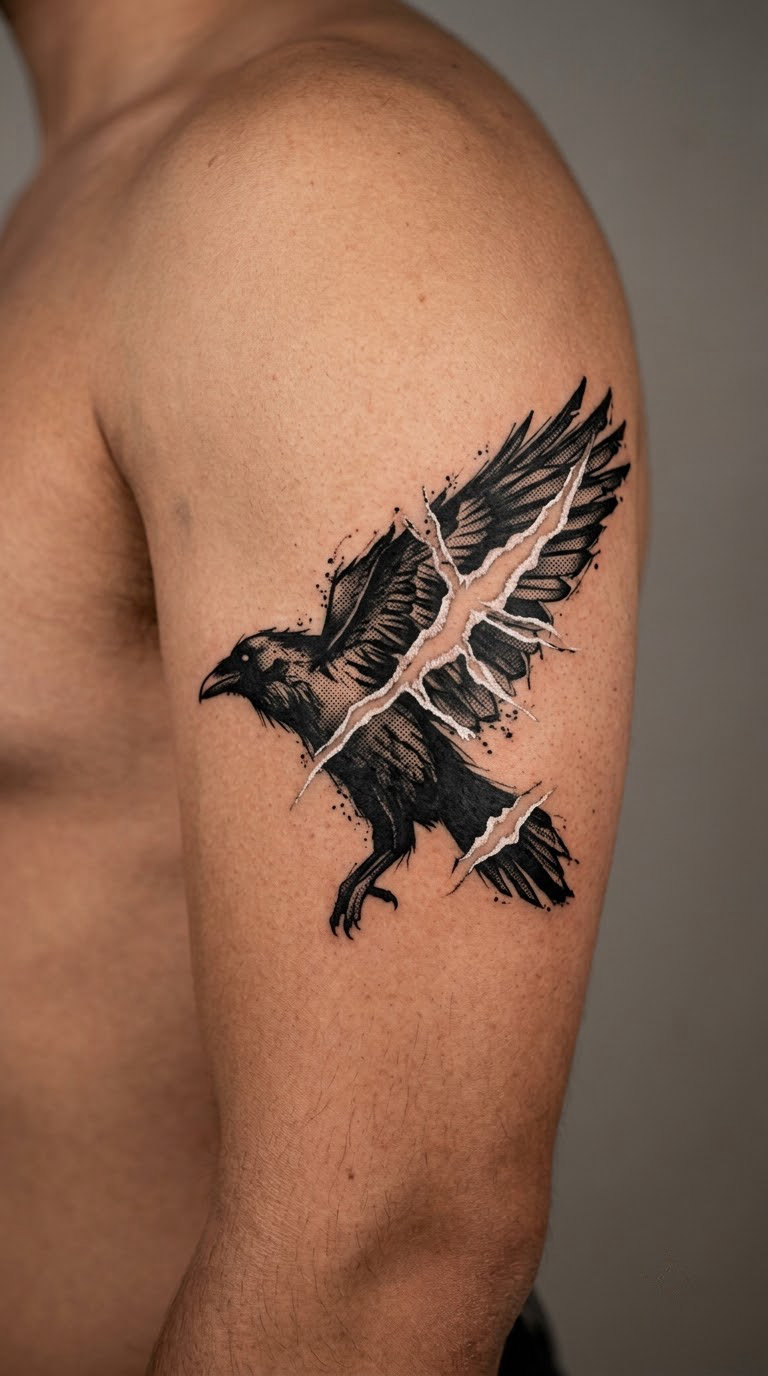Raven with a torn-paper wing