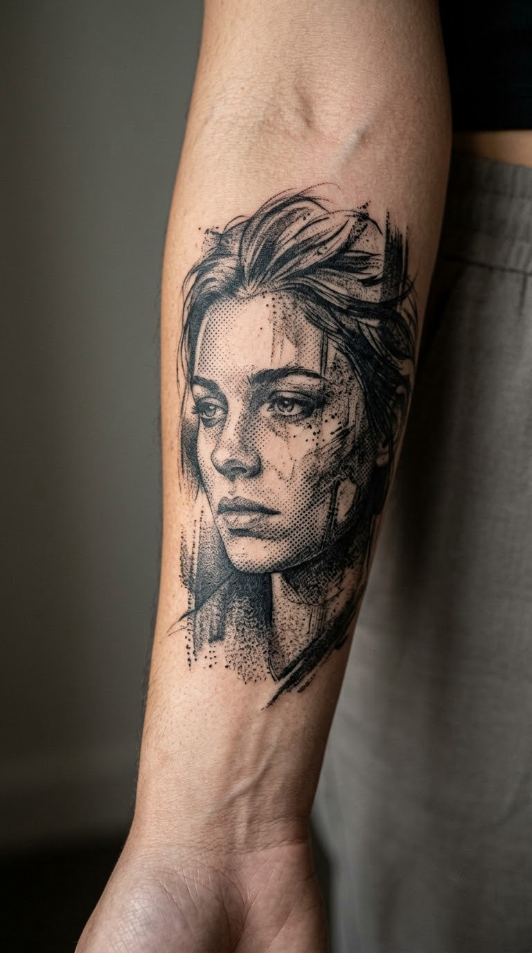 Distressed portrait with a halftone face
