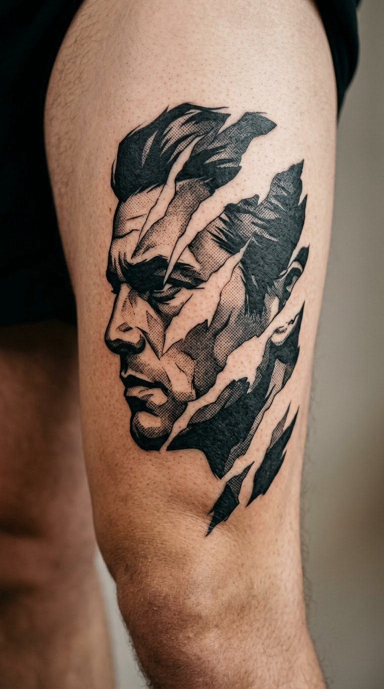 Woman's profile with torn negative space