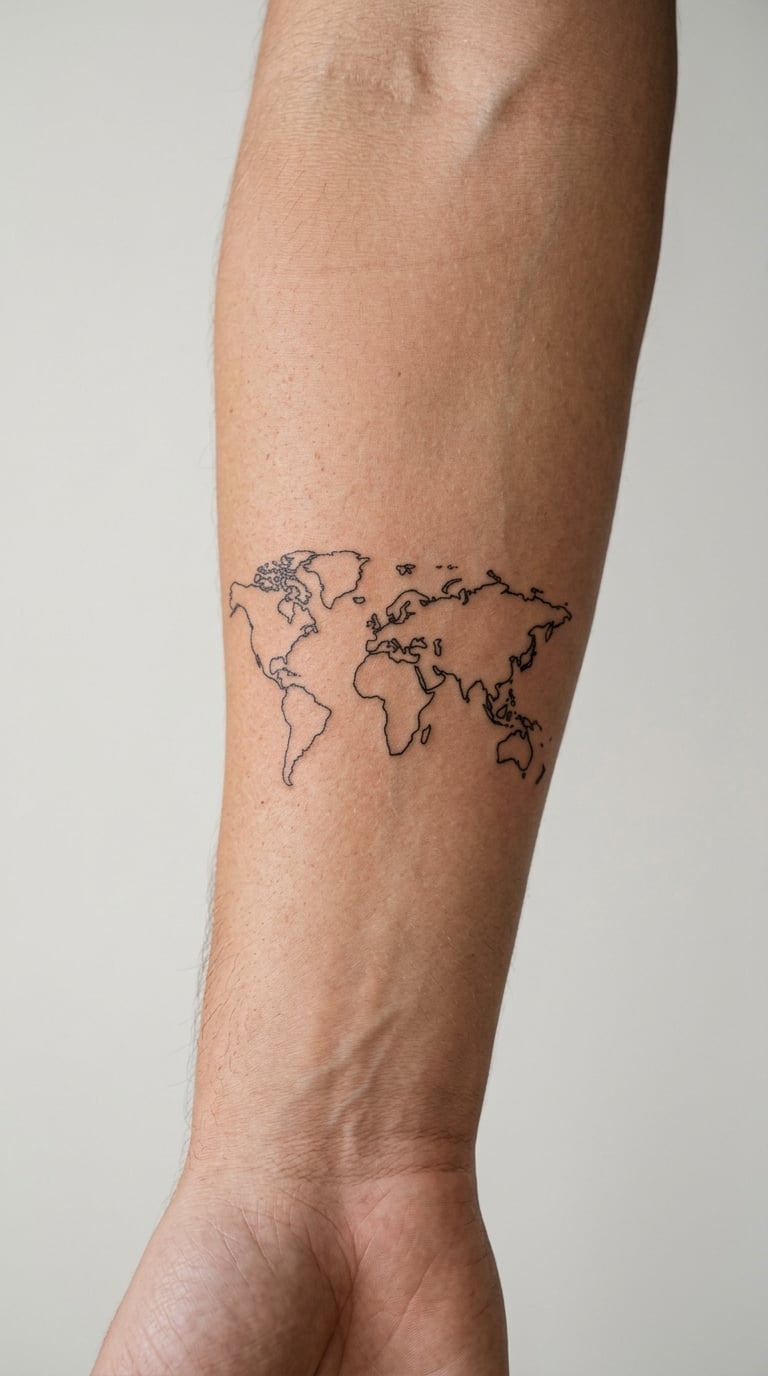 Minimalist World Map on the Inner Forearm