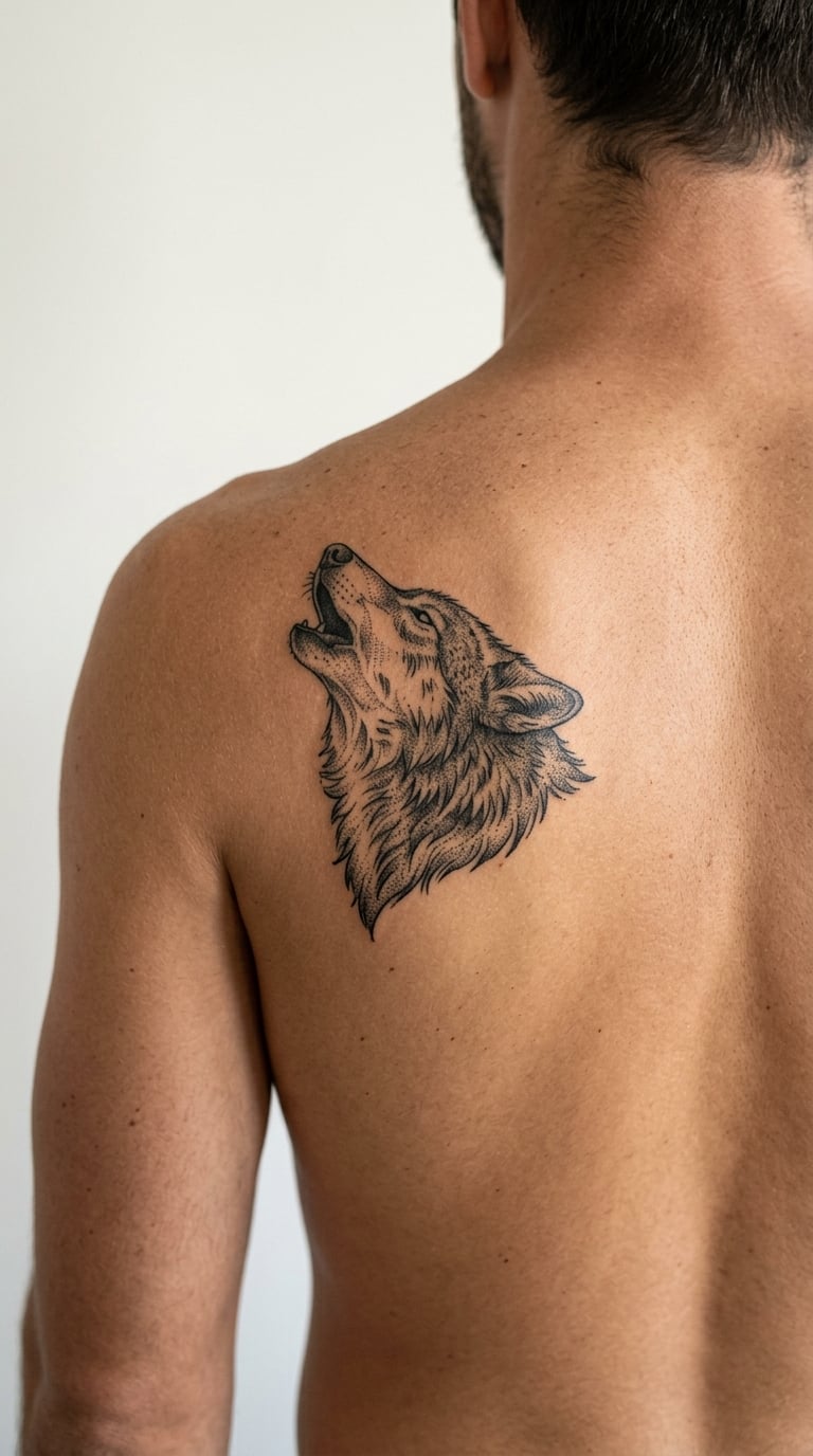 Dotwork Wolf Howling on One Shoulder Blade