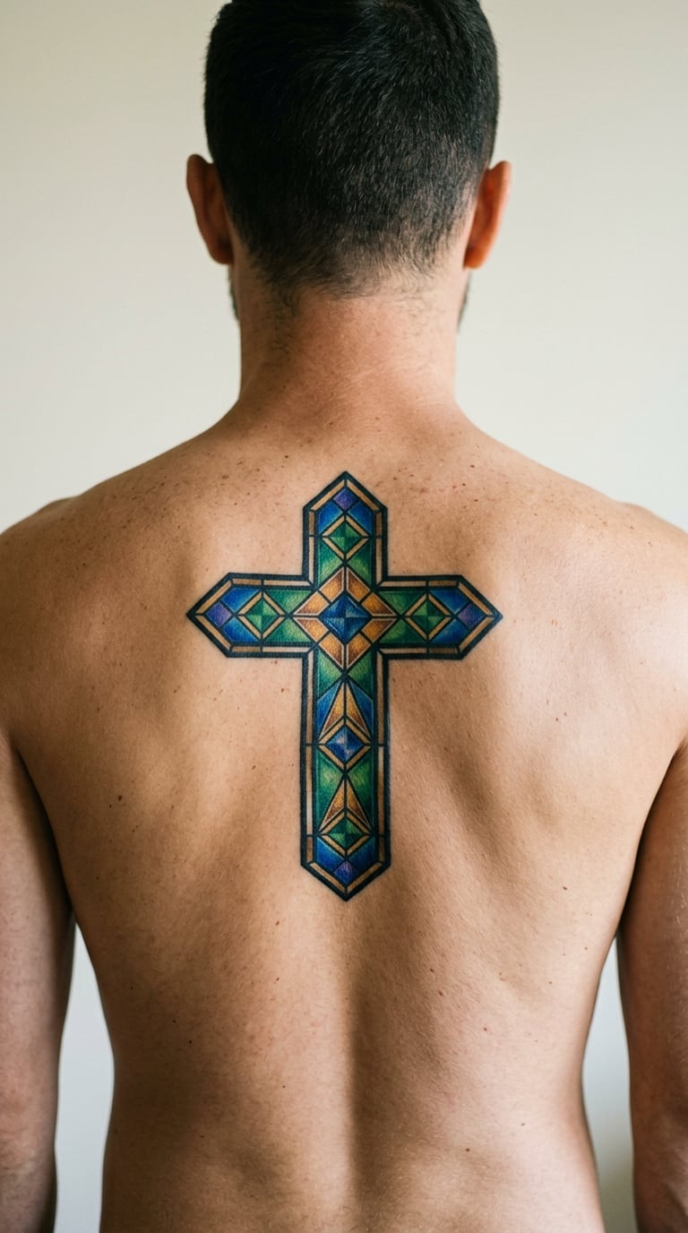 Stained Glass Cross Between the Scapulae