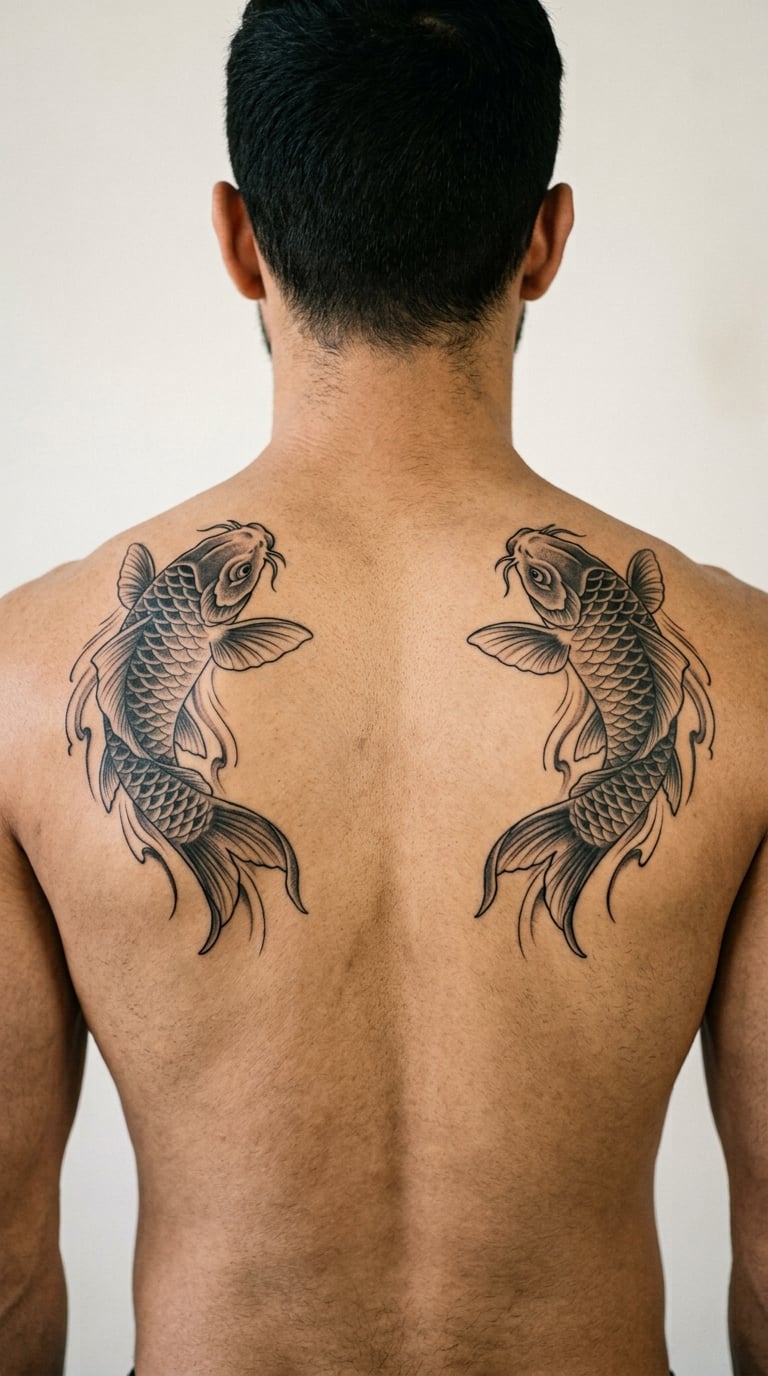 Koi Pair, One Fish Over Each Shoulder Blade