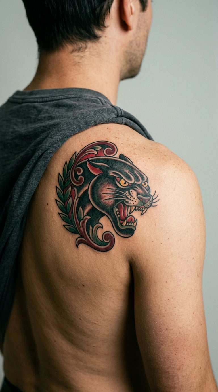 Neo-Traditional Panther Head on One Shoulder Blade