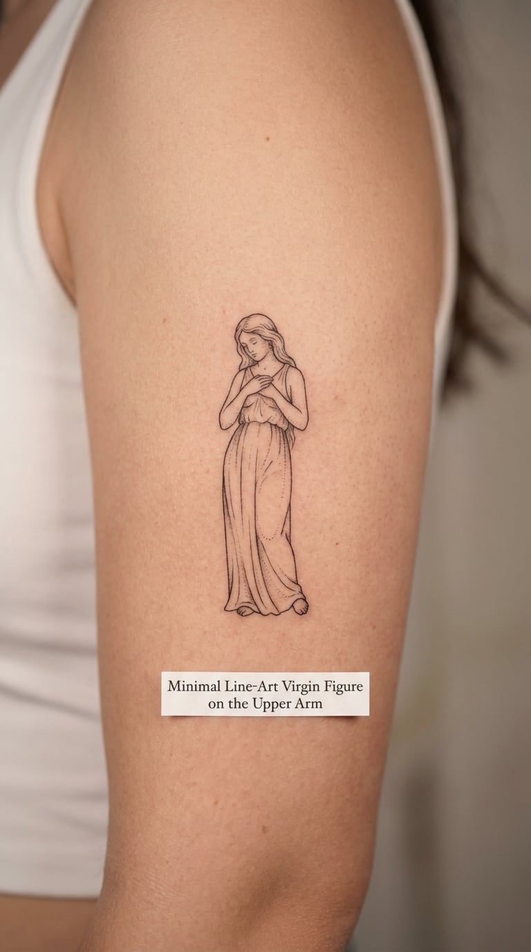 Minimal Line-Art Virgin Figure on the Upper Arm