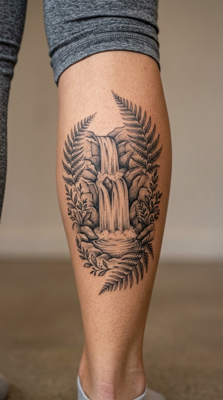 Dotwork Waterfall and Ferns