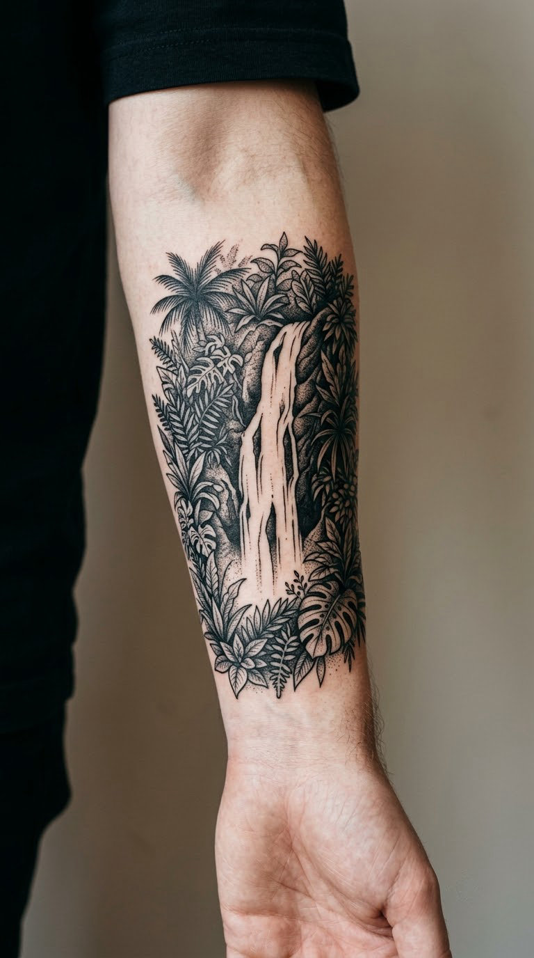 Blackwork Jungle Waterfall
