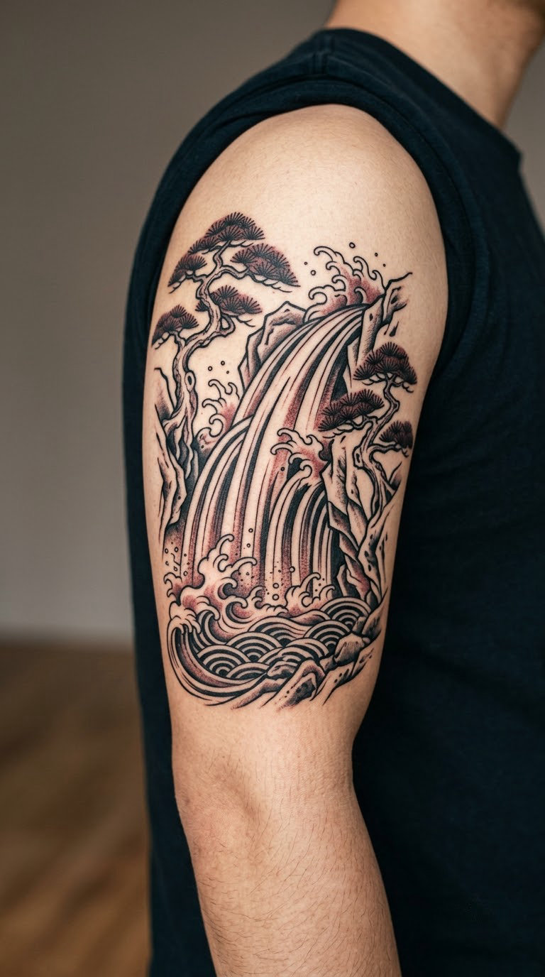 Japanese-Style Waterfall and Pines