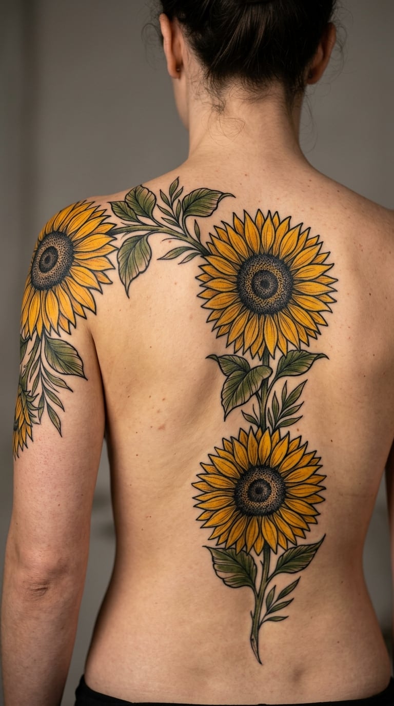 Sunflower Half-Sleeve Growing Down the Spine