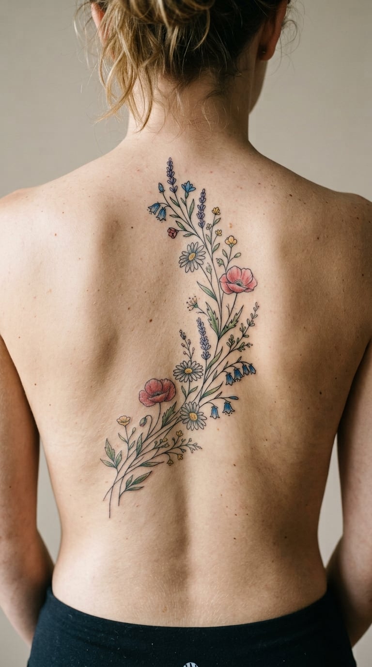 Custom Wildflower Tattoo Ideas for the Spine, Scaled to Your Back