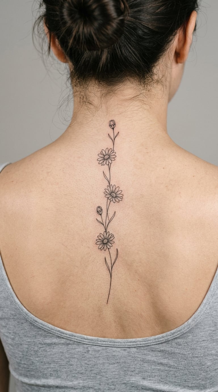 Single Fine-Line Daisy Stem Down the Spine