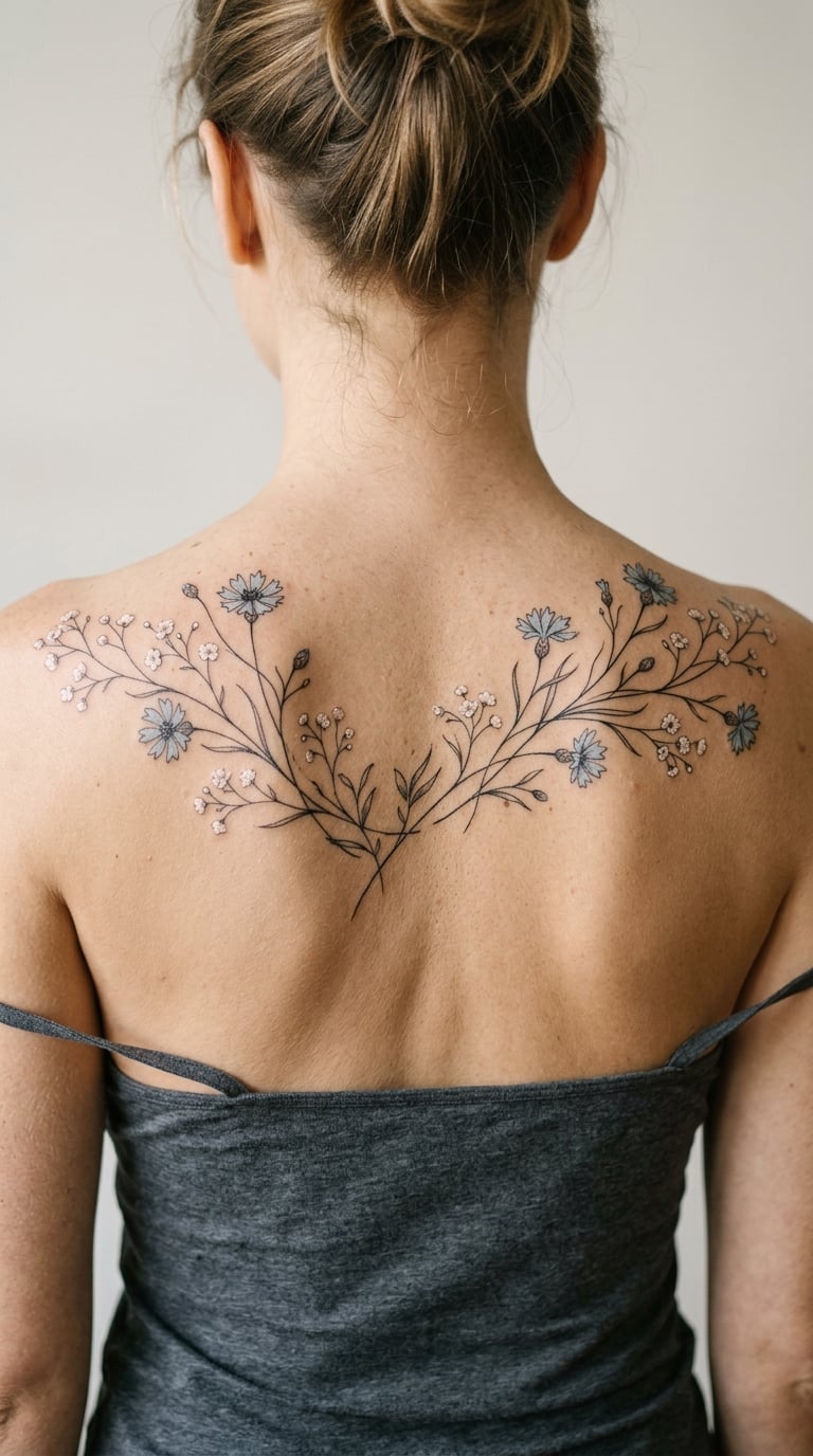 Baby's Breath and Cornflower Cloud Over the Shoulder Blades