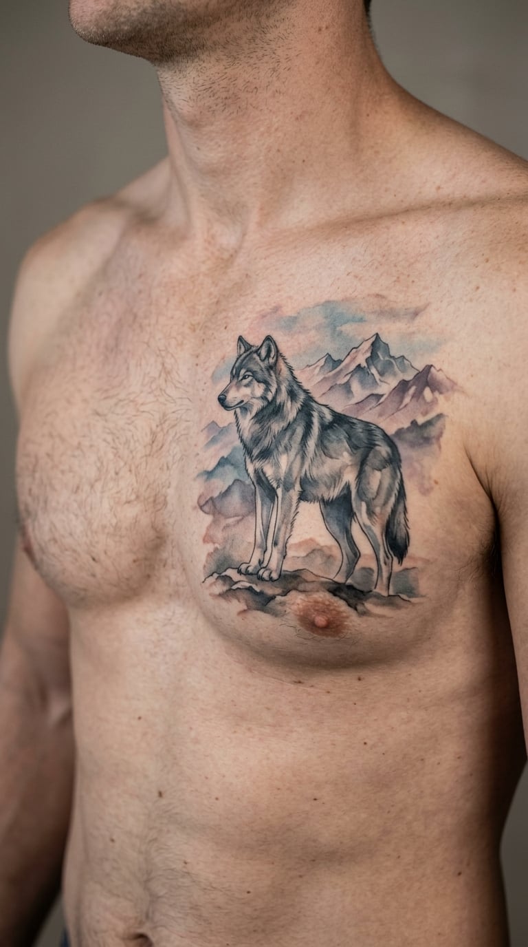 Wolf and Mountains in Watercolour Across the Chest
