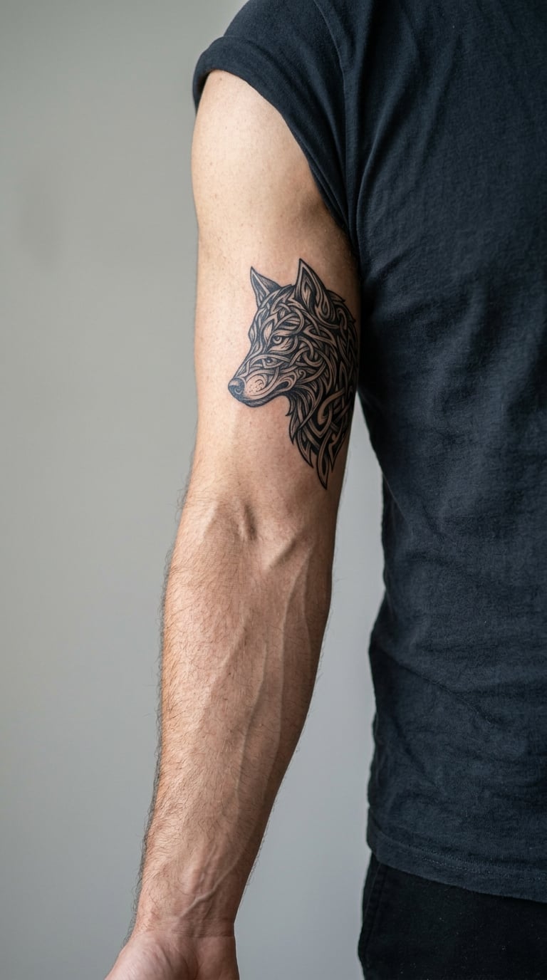 Nordic Knotwork Wolf on the Inner Bicep