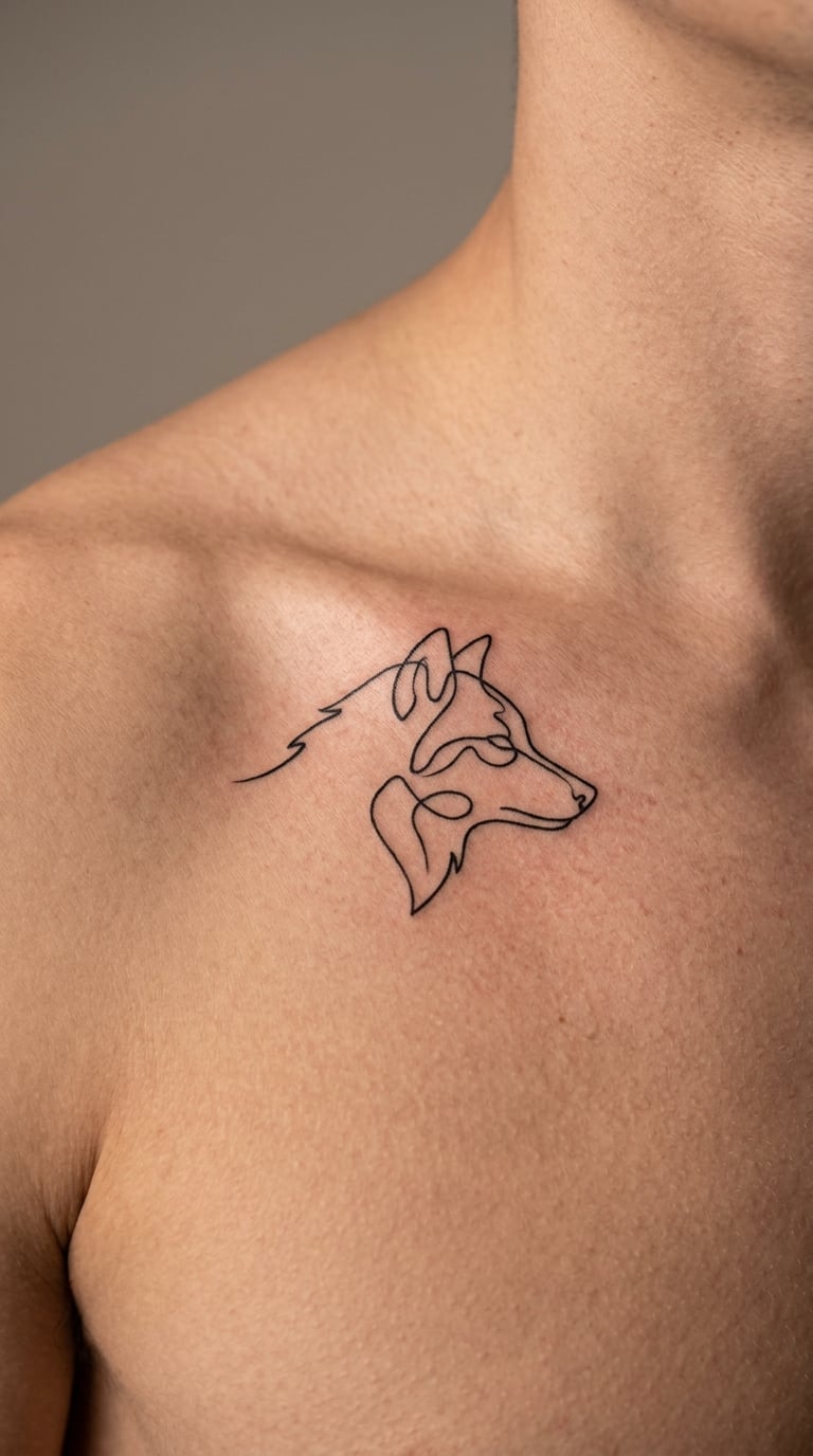 Minimalist One-Line Wolf Head on the Collarbone