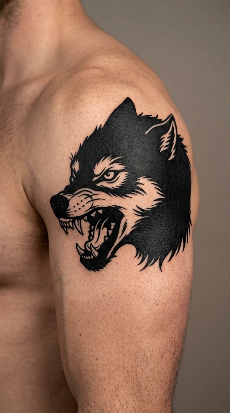 Snarling Wolf Head in Solid Blackwork on the Upper Arm