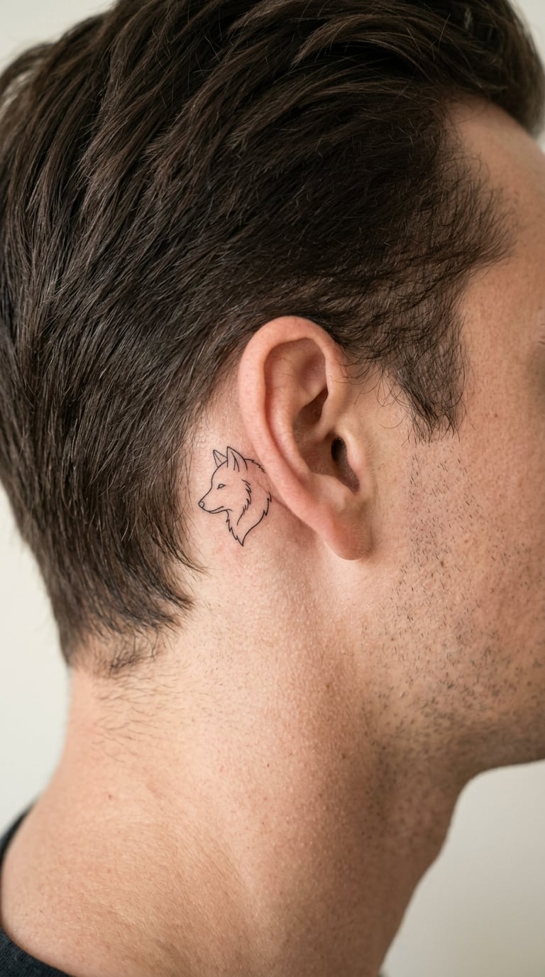 Fine-Line Wolf Outline Behind the Ear