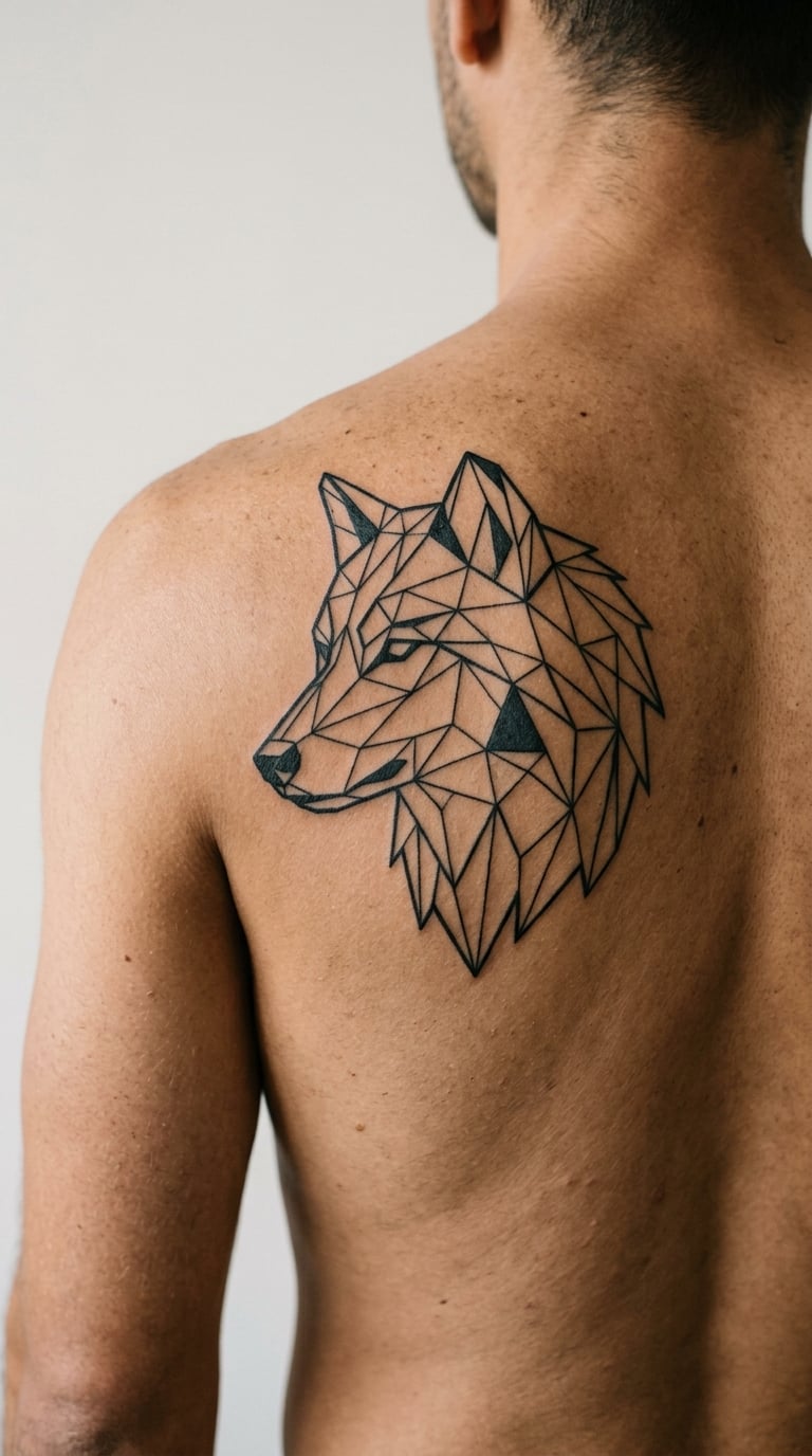 Geometric Low-Poly Wolf Across the Shoulder Blade