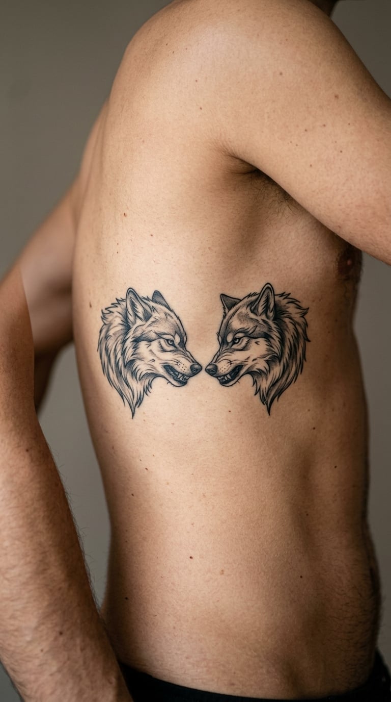Two Wolves Facing Each Other on the Side Ribs