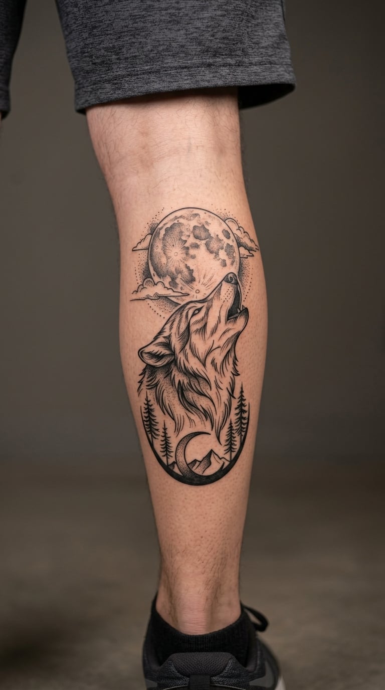 Wolf and Full Moon Wrapped Around the Calf
