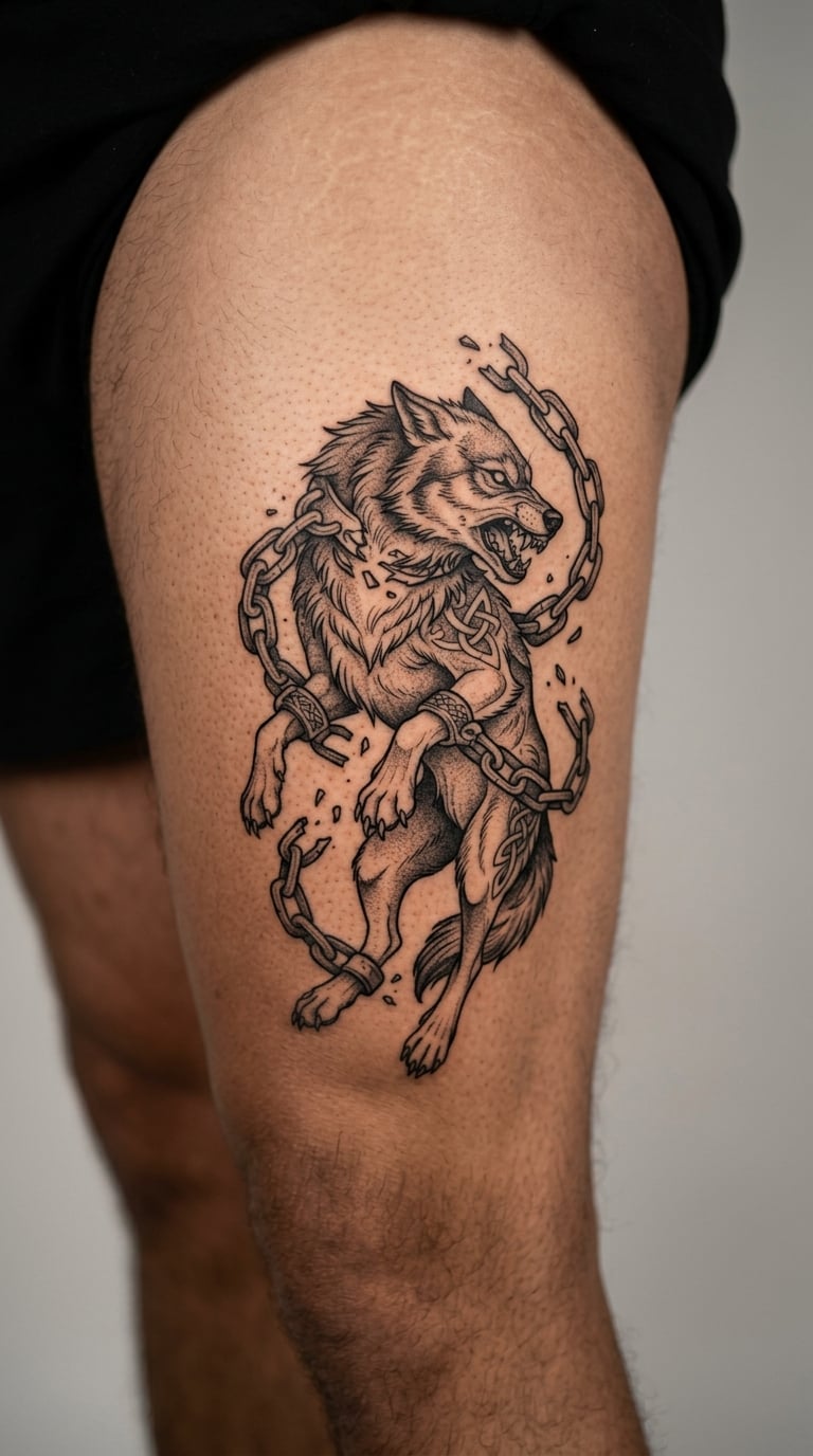 Fenrir With Broken Chains on the Outer Thigh