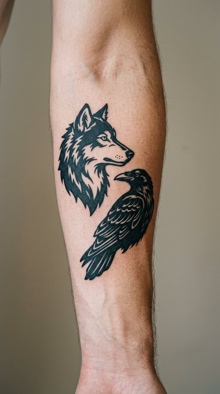 Wolf and Raven Paired on the Inner Forearm