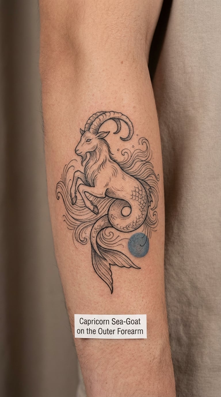 Capricorn Sea-Goat on the Outer Forearm