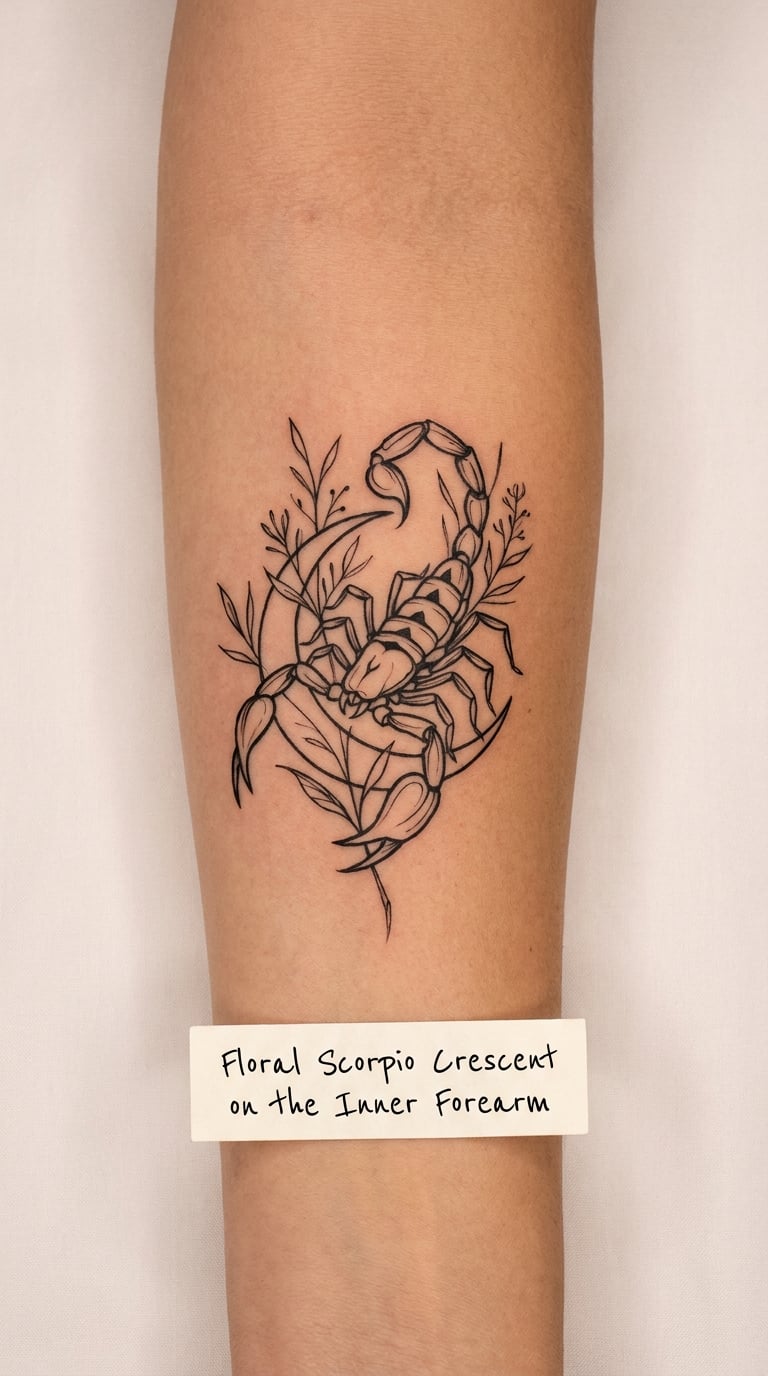 Floral Scorpio Crescent on the Inner Forearm