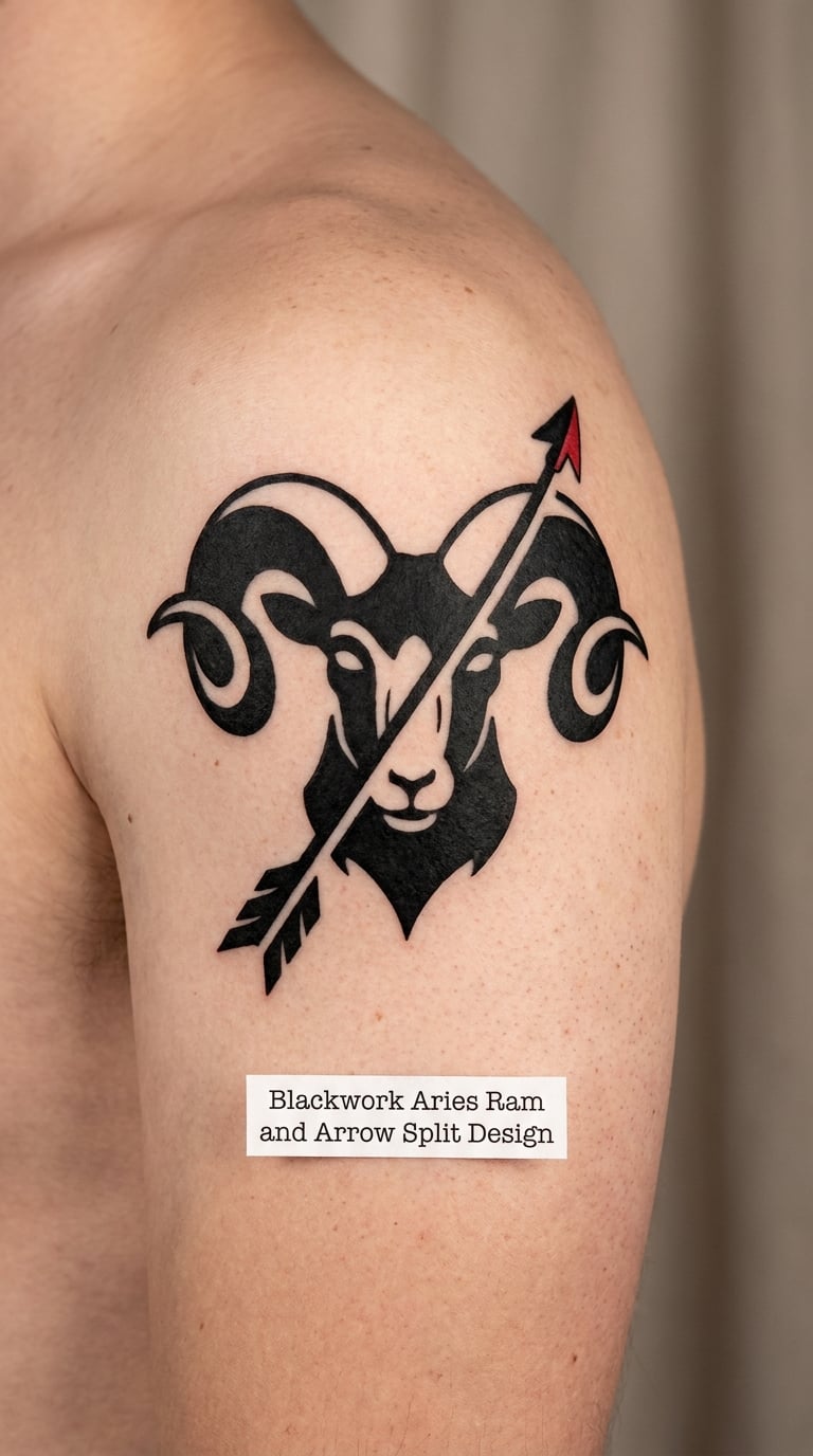 Blackwork Aries Ram and Arrow Split Design