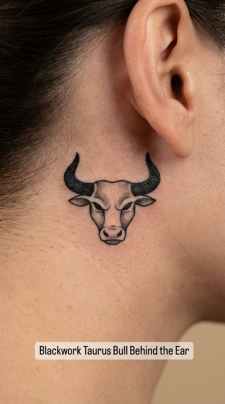 Blackwork Taurus Bull Behind the Ear